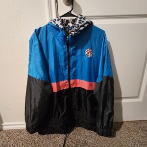 BUC-EE'S Mens XL Blue Black Pink Zip Up Hooded Windbreaker Jacket Graphic